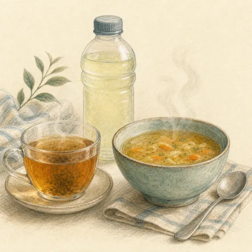 차와 국, 물병이 놓인 수채화 삽화